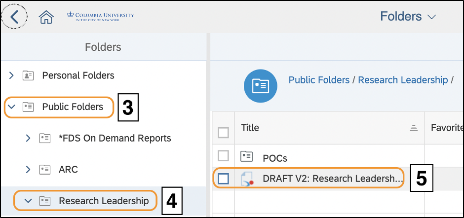 Image of the folder layout in the BI Luacnh Pad, with the Public folders expanded in the left hand navigation panel and Research Leadership folder selected. In the middle fo the screen, Research Leadership Data Dashboard link is circled.