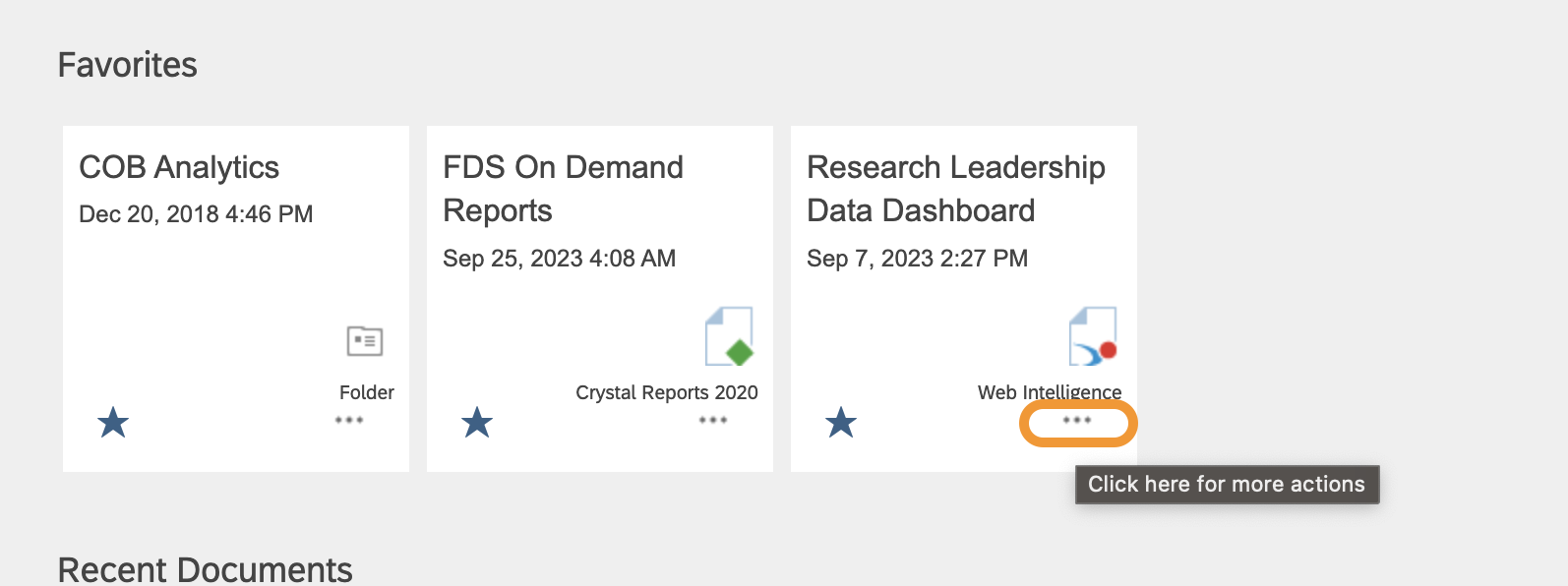 View of the "Favorites" section of the BI Launch Pad homepage, with the three dots at the bottom of the Research Leadership Data Dashboard circled.