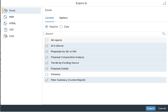 "Export to" window with Excel selected and all report boxes checked except for Glossary