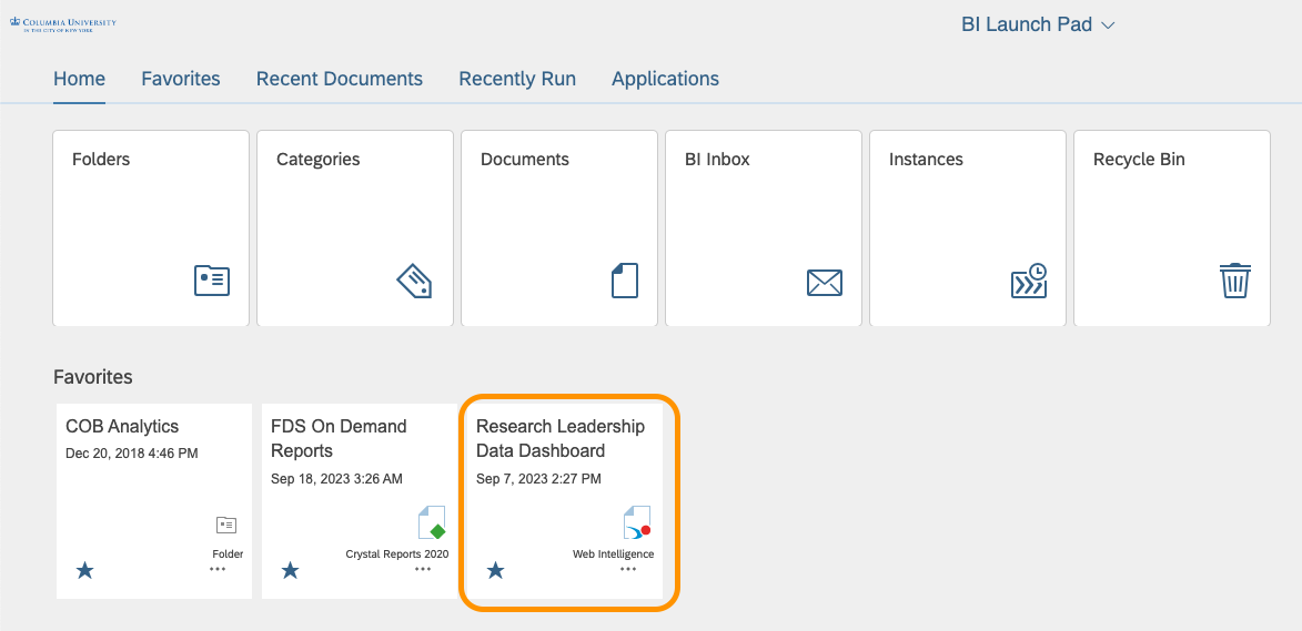 Image of BI Launch Pad homepage with Research Leadership Data Dashboard tile in the middle of the page (under Favorites) circled