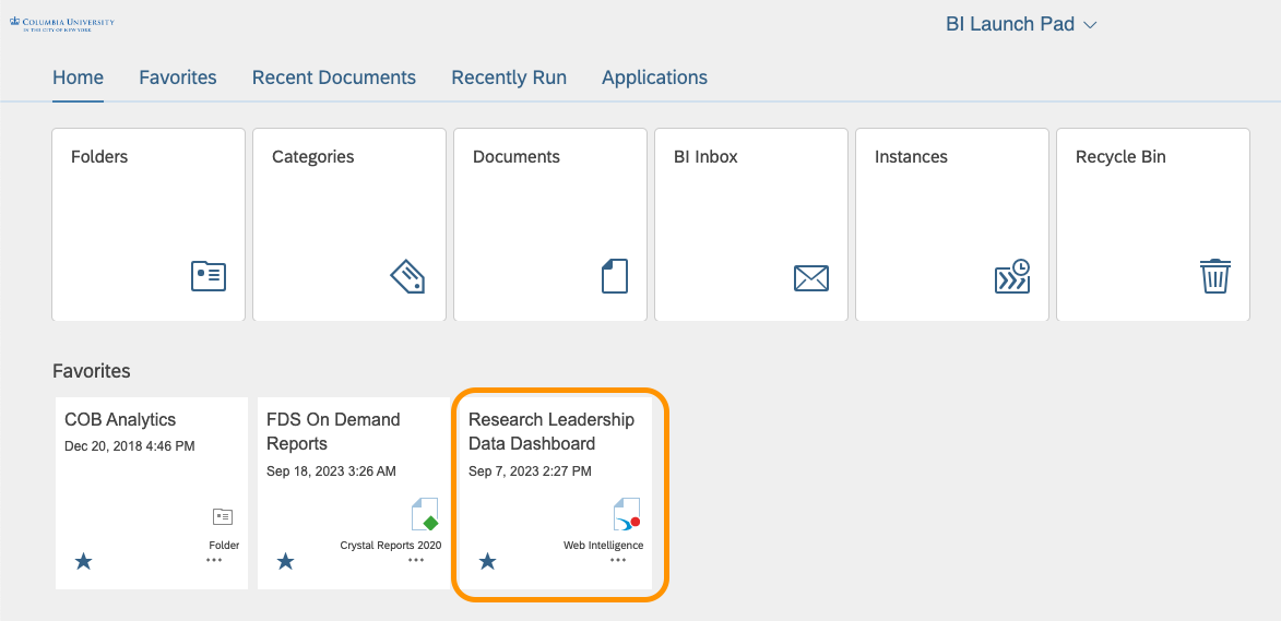 BI Launch Pad home screen withResearch Leadership tile selected and circled