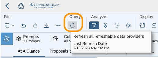 Research Dashboard upper tool bars with the Query button circled, and a tool tip displaying that reads, "Refresh all refreshable data providers."