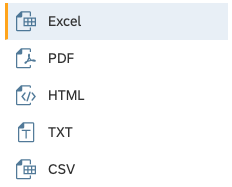 Snippet of the Export window from RLDD, displaying a list of the file format options for download: Excel, PDF, HTML, TXT, CSV