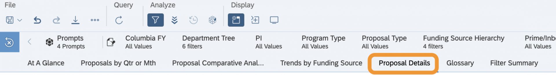 RLDD top toolbar with the Proposal Details button circled. Button is located on bottom of the toolbar panel, towards the left, just after Trends by Funding Source, and before Glossary.