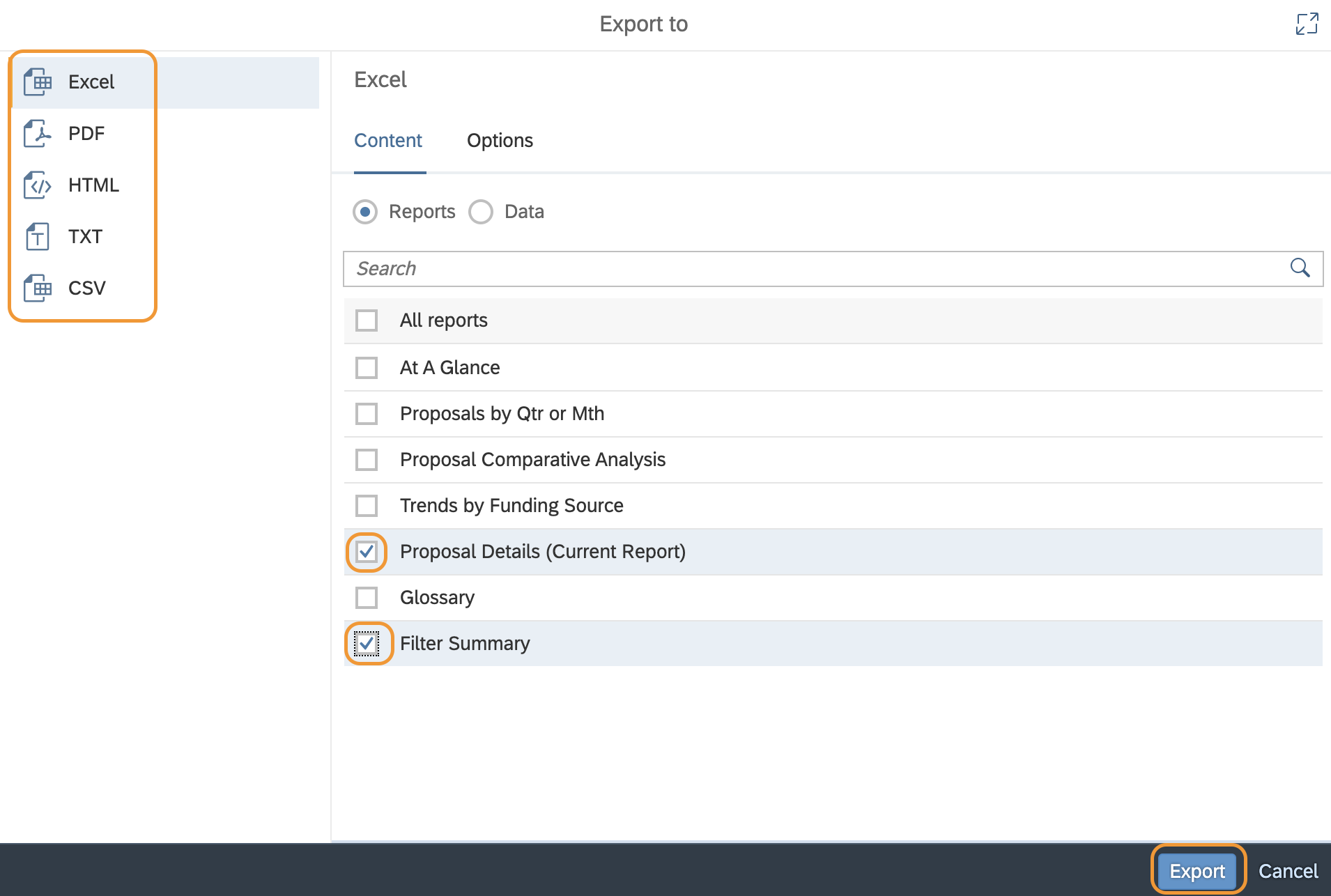 Export window with the file type list circled on the left, and the Proposal Summary Report and Filter Summary checkboxes circled in the main part of the page, as well as the Export button at the bottom.