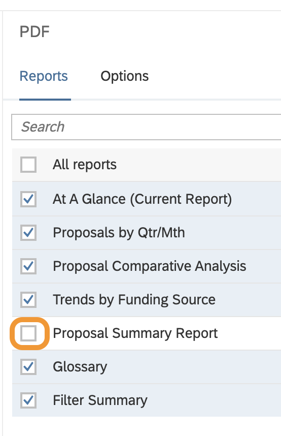 Export screen with PDF option selected and all checkboxes checked except All report and Proposal Summary report