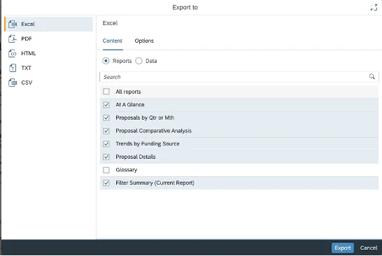"Export to" window with Excel selected and all report boxes checked except for Glossary