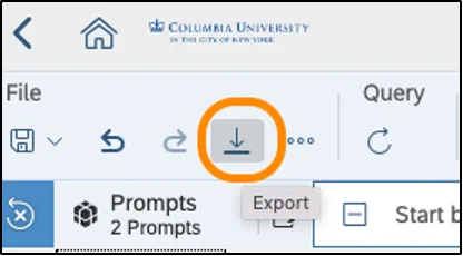 Top toolbar with downward arrow "export" button circled