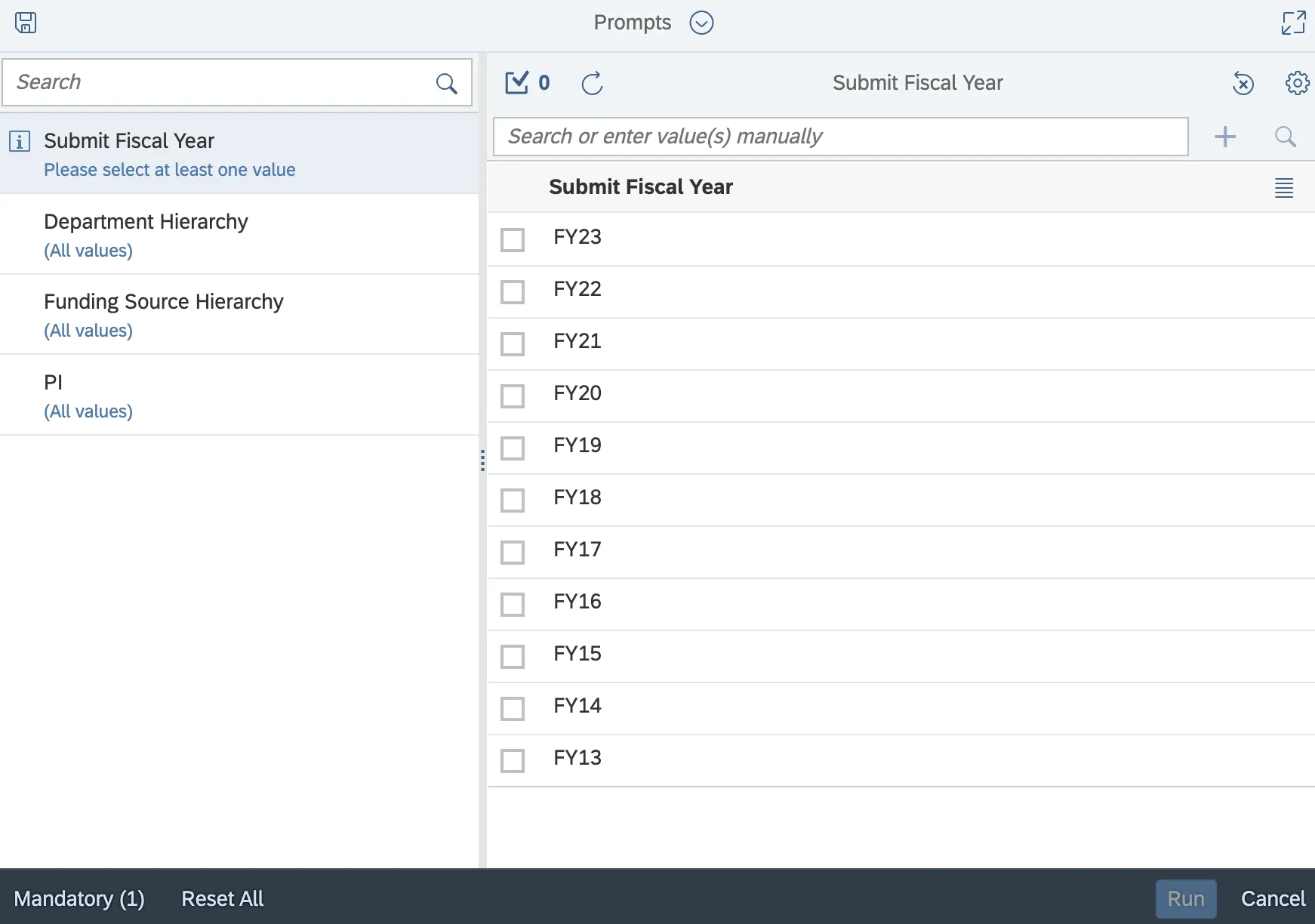 Prompt screen open on the Submit Fiscal Year section, which displays checkboxes for FY13-FY23.