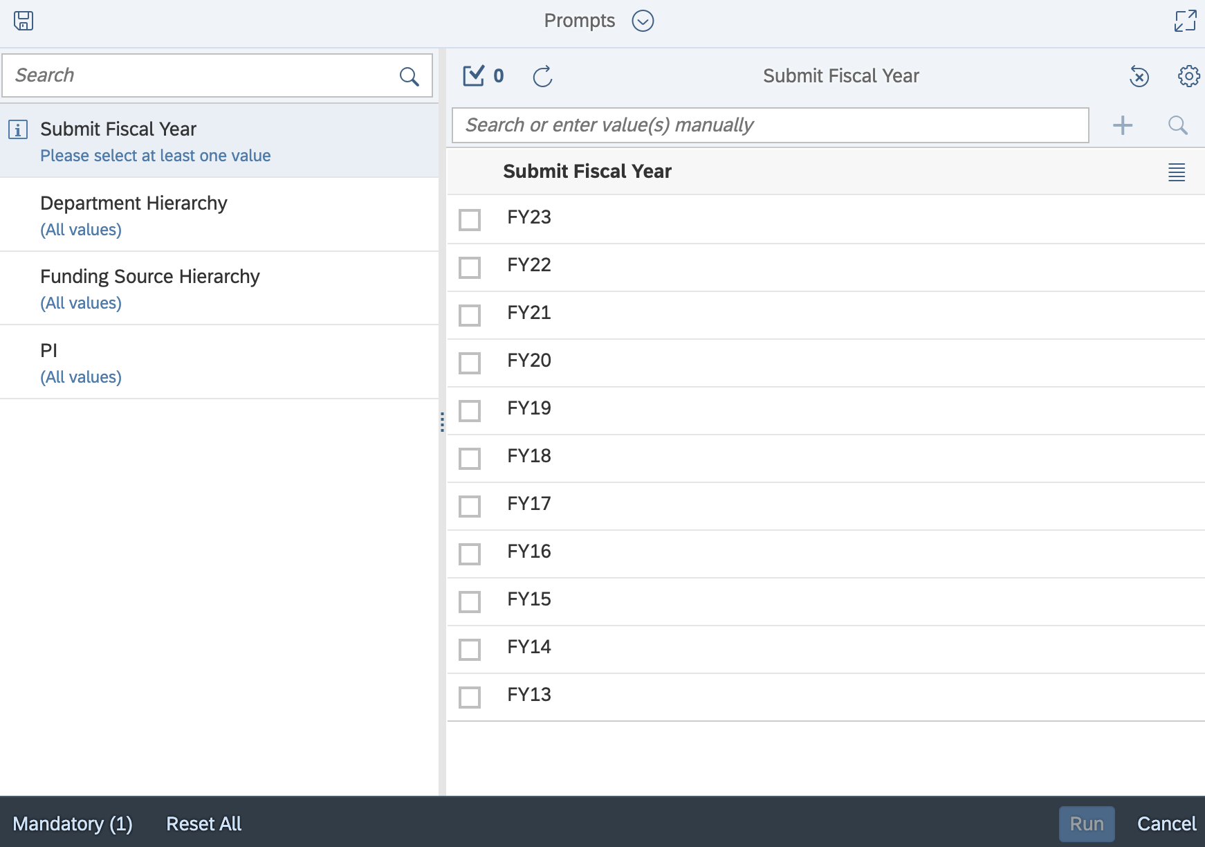 Prompt screen open on the Submit Fiscal Year section, which displays checkboxes for FY13-FY23.