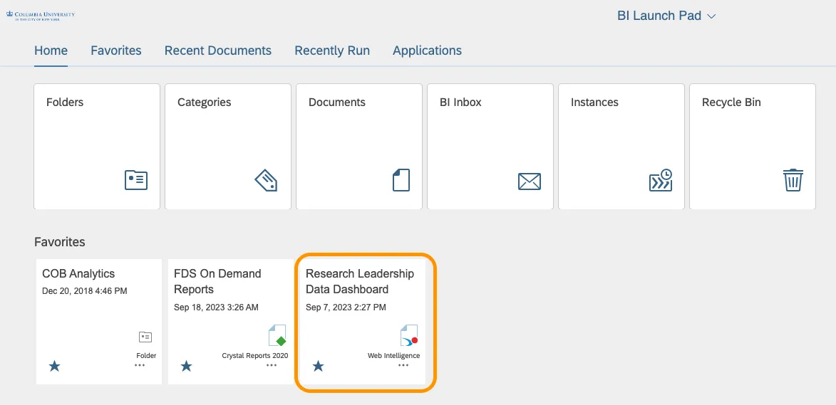 Image of BI Launch Pad homepage with Research Leadership Data Dashboard tile in the middle of the page (under Favorites) circled