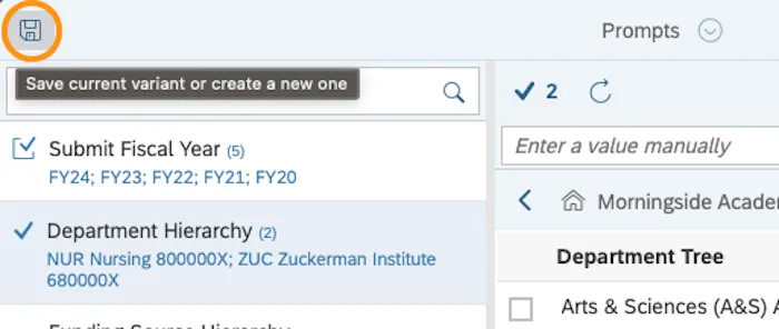Click the desk-shaped Save icon in the upper-left corner to save your custom prompt. If you mouse-over the icon,  you will see "Save current variant or create a new one."