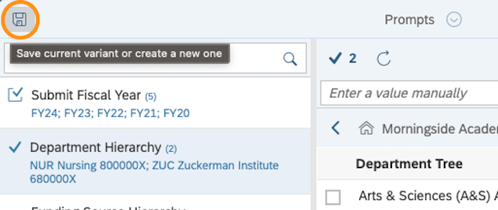 Click the desk-shaped Save icon in the upper-left corner to save your custom prompt. If you mouse-over the icon, you will see "Save current variant or create a new one."