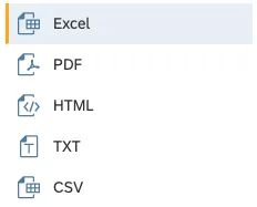 Snippet of the Export window from RLDD, displaying a list of the file format options for download: Excel, PDF, HTML, TXT, CSV