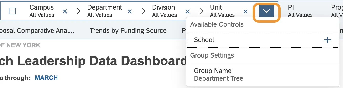 Department Tree expanded to show all sub-filters with the arrow at the far-right circled and expanded to show the available controls to be added.