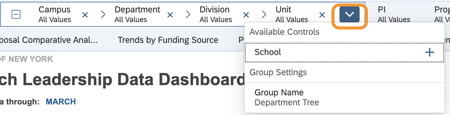 Department Tree expanded to show all sub-filters with the arrow at the far-right circled and expanded to show the available controls to be added.