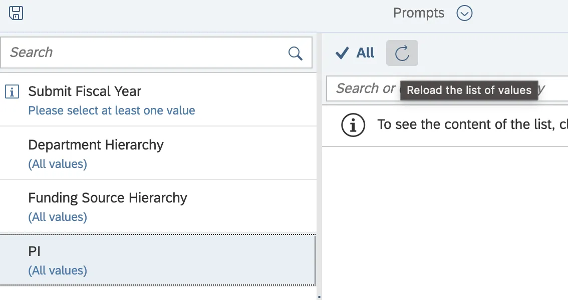 Prompts window with PI category selected from left-hand menu