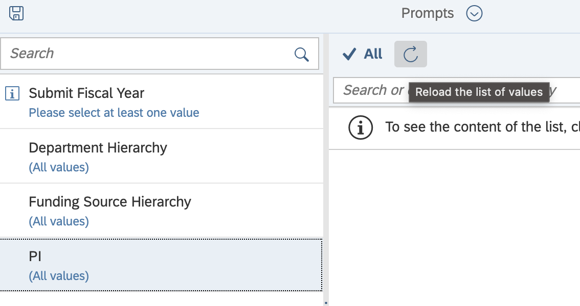 Prompts window with PI category selected from left-hand menu