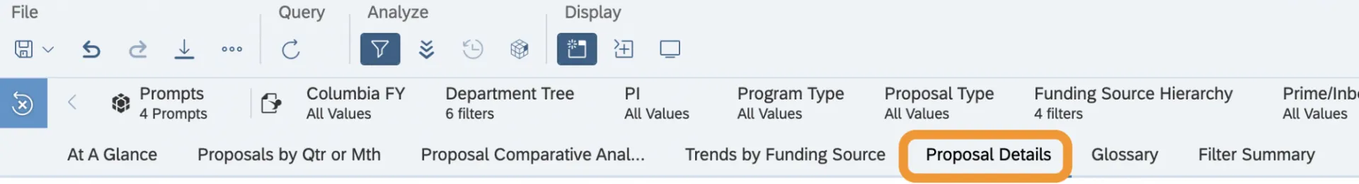 RLDD top toolbar with the Proposal Details button circled. Button is located on bottom of the toolbar panel, towards the left, just after Trends by Funding Source, and before Glossary.