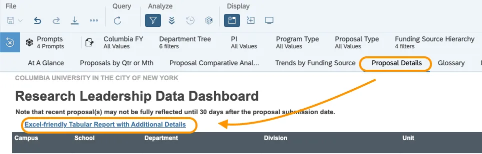 Proposal Details tab circled in the RLDD toolbar, with arrow pointing below to links for "Excel-friendly Tabular Report with Additional Details"