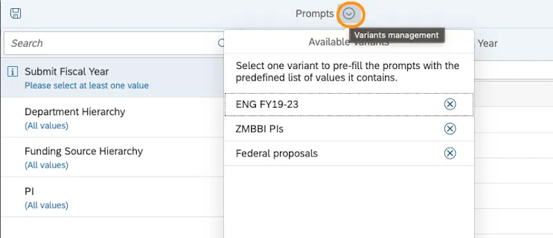 To find your prompt variant, click the drop-down arrow next to the Prompts title at the top of the window to see the available variants you have created.