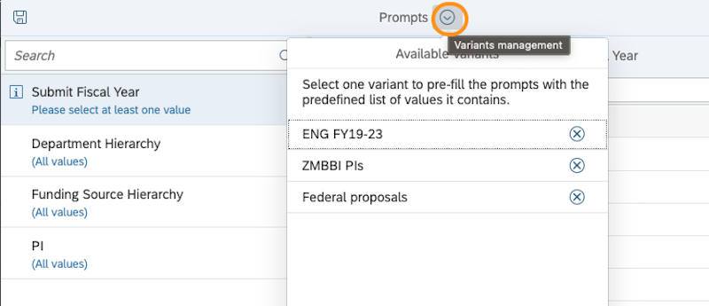 To find your prompt variant, click the drop-down arrow next to the Prompts title at the top of the window to see the available variants you have created.